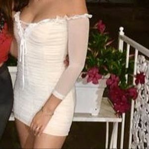 White ruched long sleeve off the shoulder dress